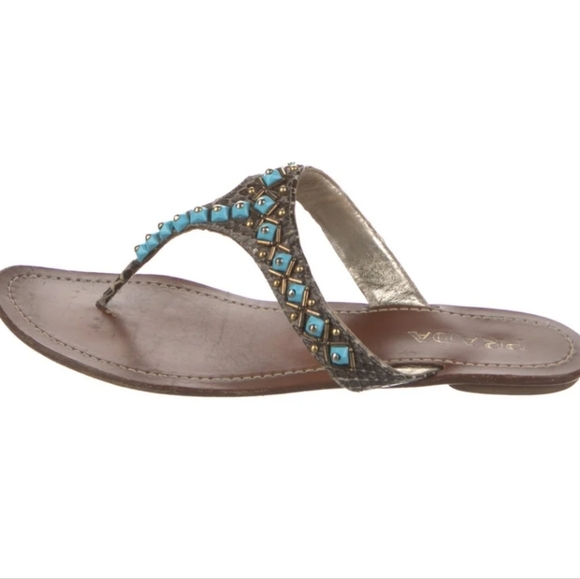 Prada Leather Snakeskin and Turquoise Sandals - Picture 2 of 13